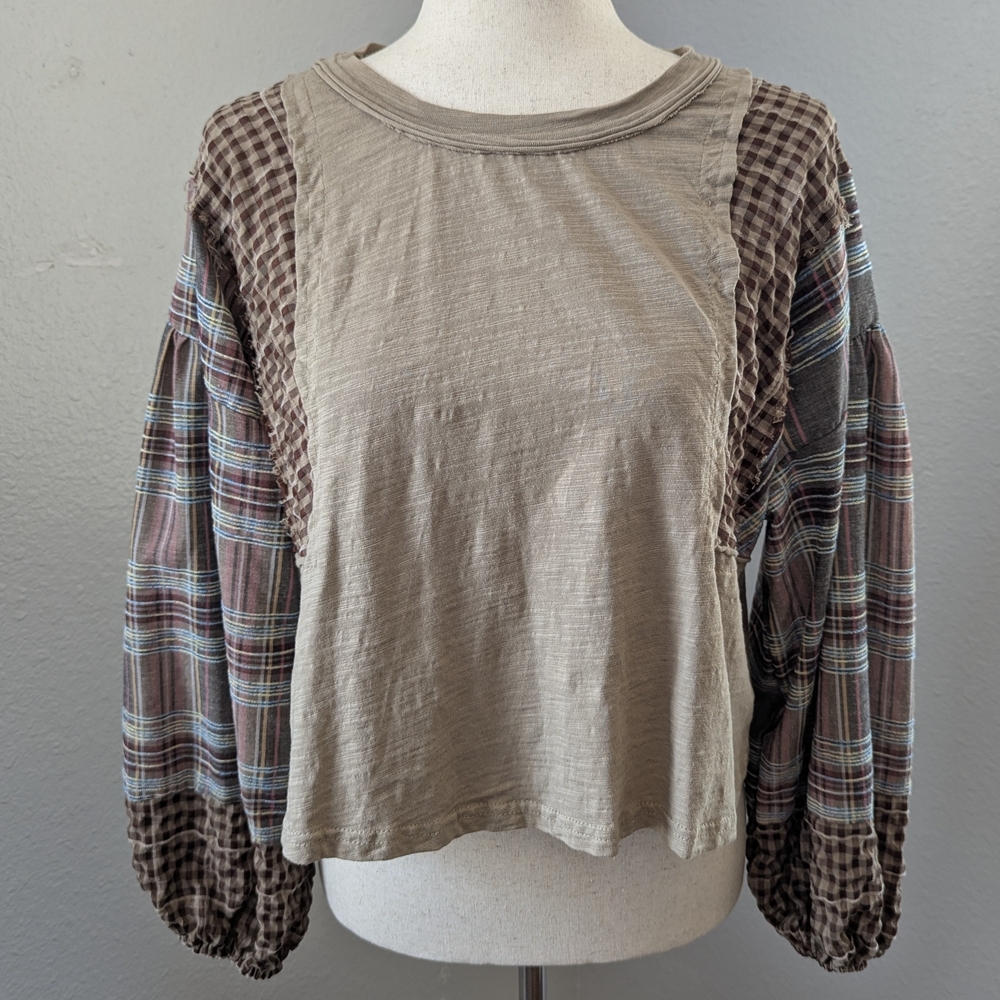 Patchwork Boho Plaid Balloon Long Sleeve 100% Cotton Cropped Top Small Fall